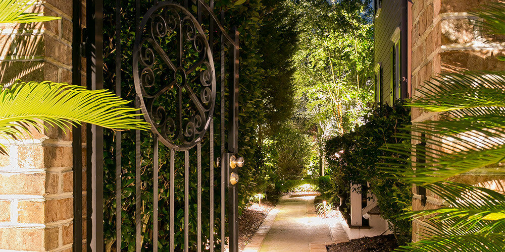 Gate and pathway with lighting